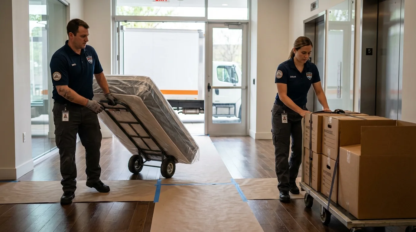 Professional apartment movers loading elevator in Vega Alta, PR